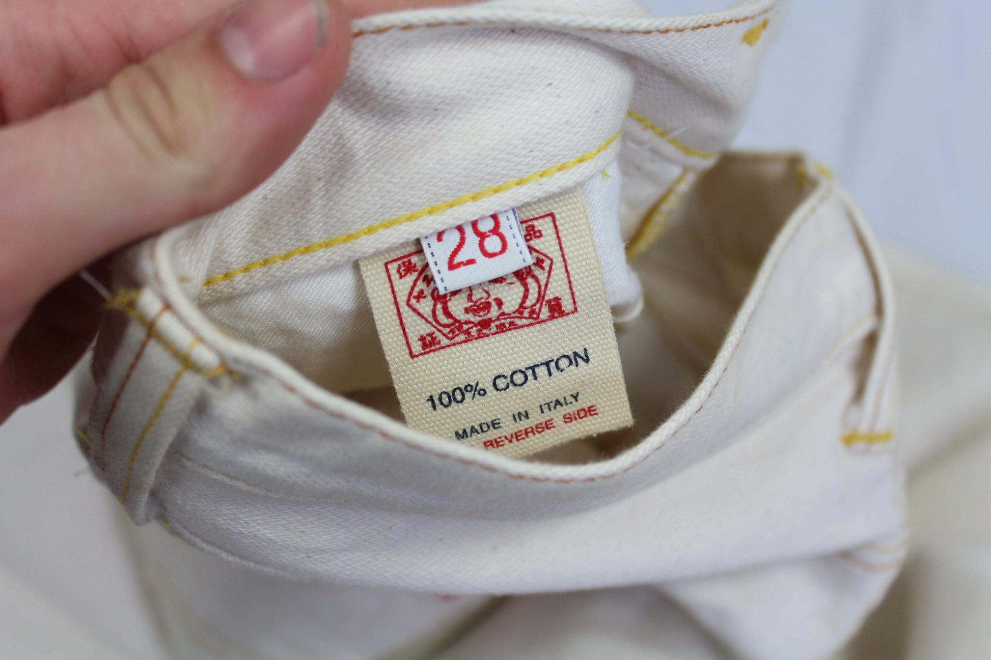 Evisu Pants White/Red Logo Selvedge, size 28, made in Italy, 100% cotton tag.