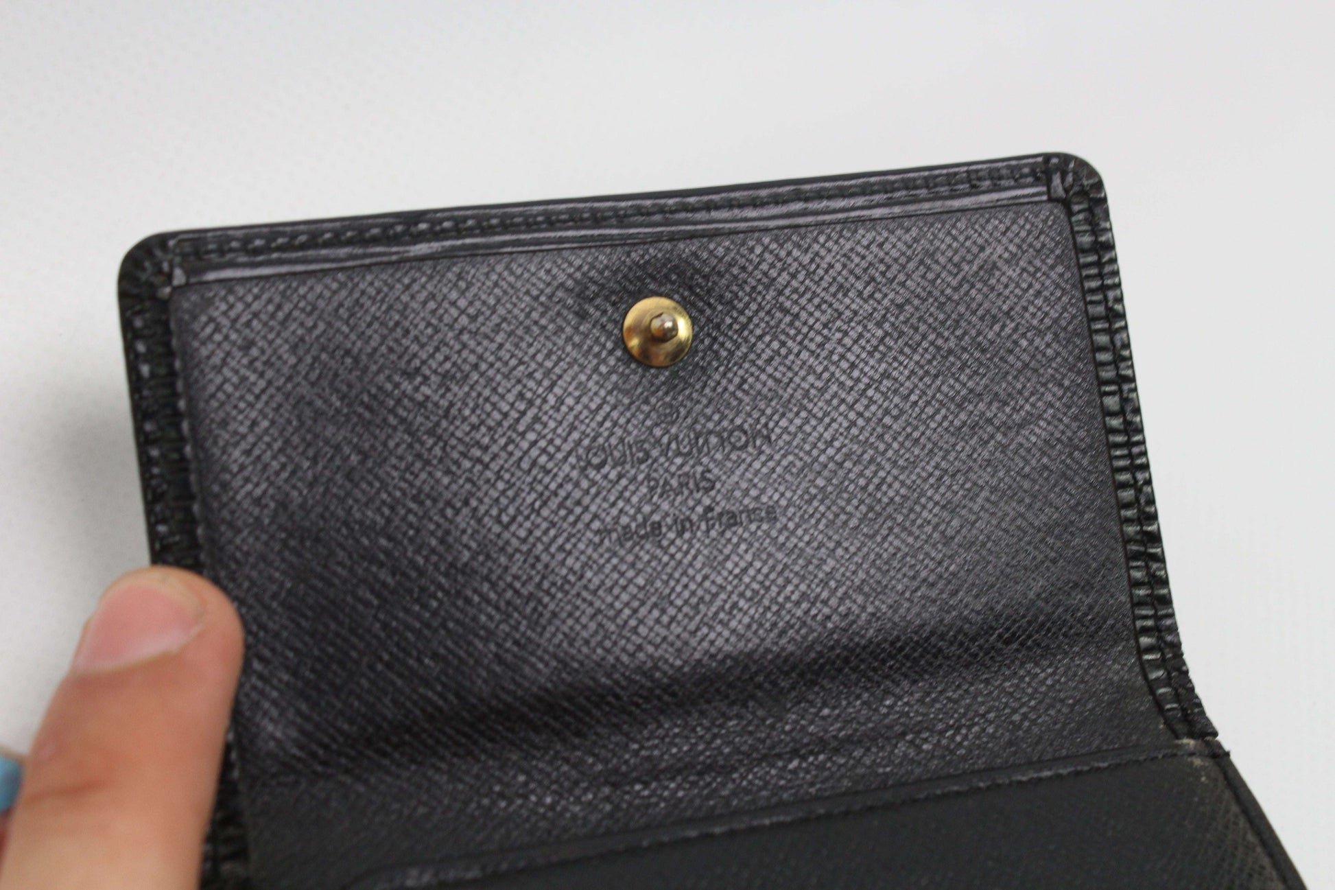 Louis Vuitton Epi Wallet Custom 1/1 in black, hand-painted, with gold button closure.