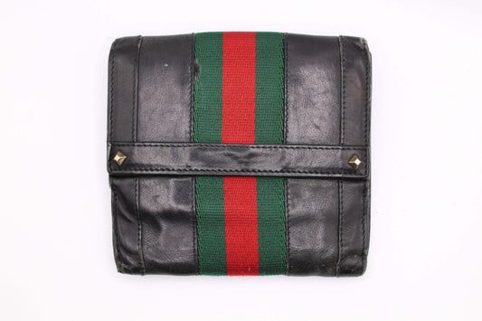 GUCCI Leather Portemonnaie Black with Green/Red Stripes, 10x10cm, Condition 7/10