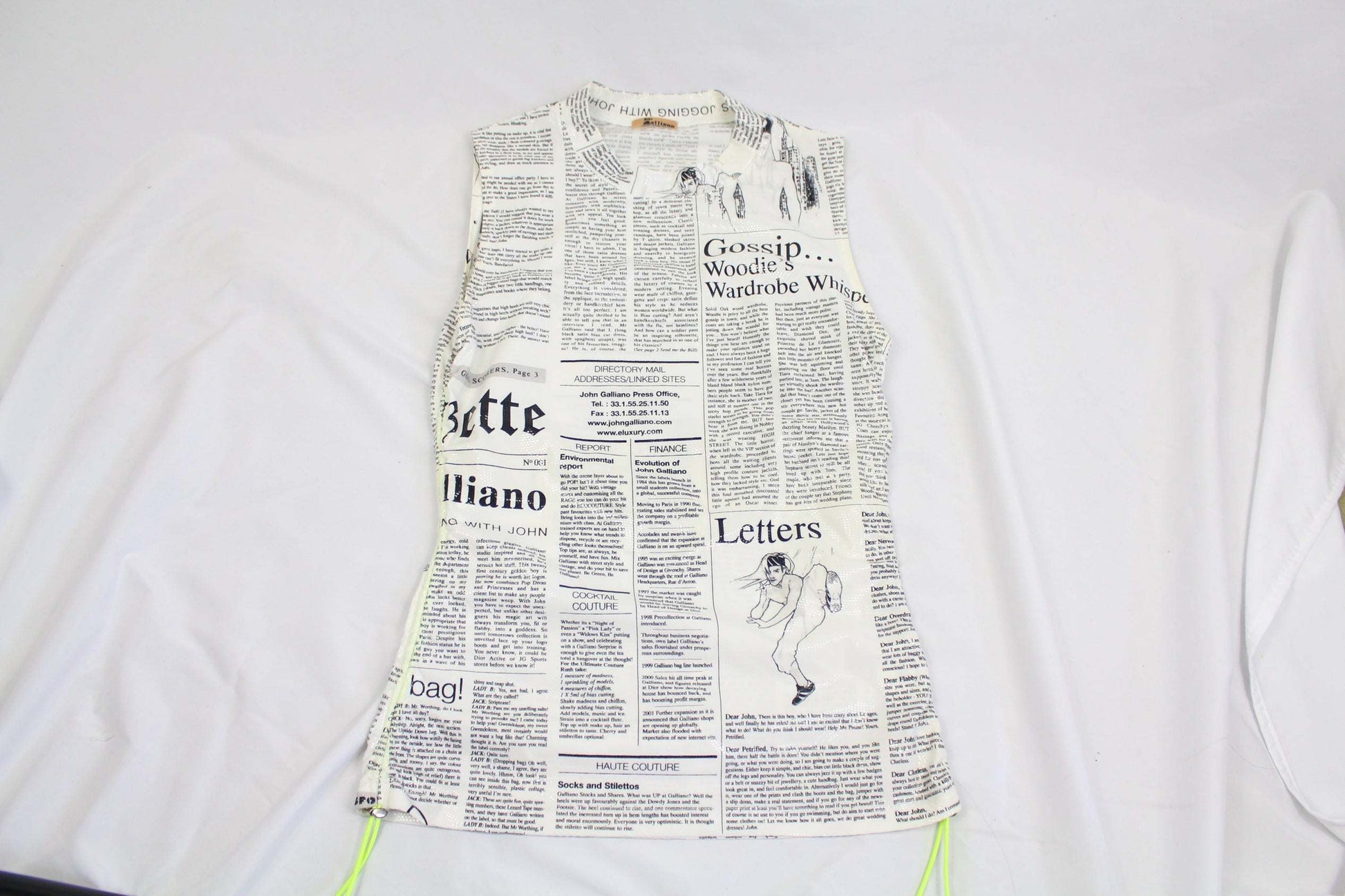 JOHN GALLIANO Newspaper Top, white and black with neon accents, nylon-elastane blend, fitted design.