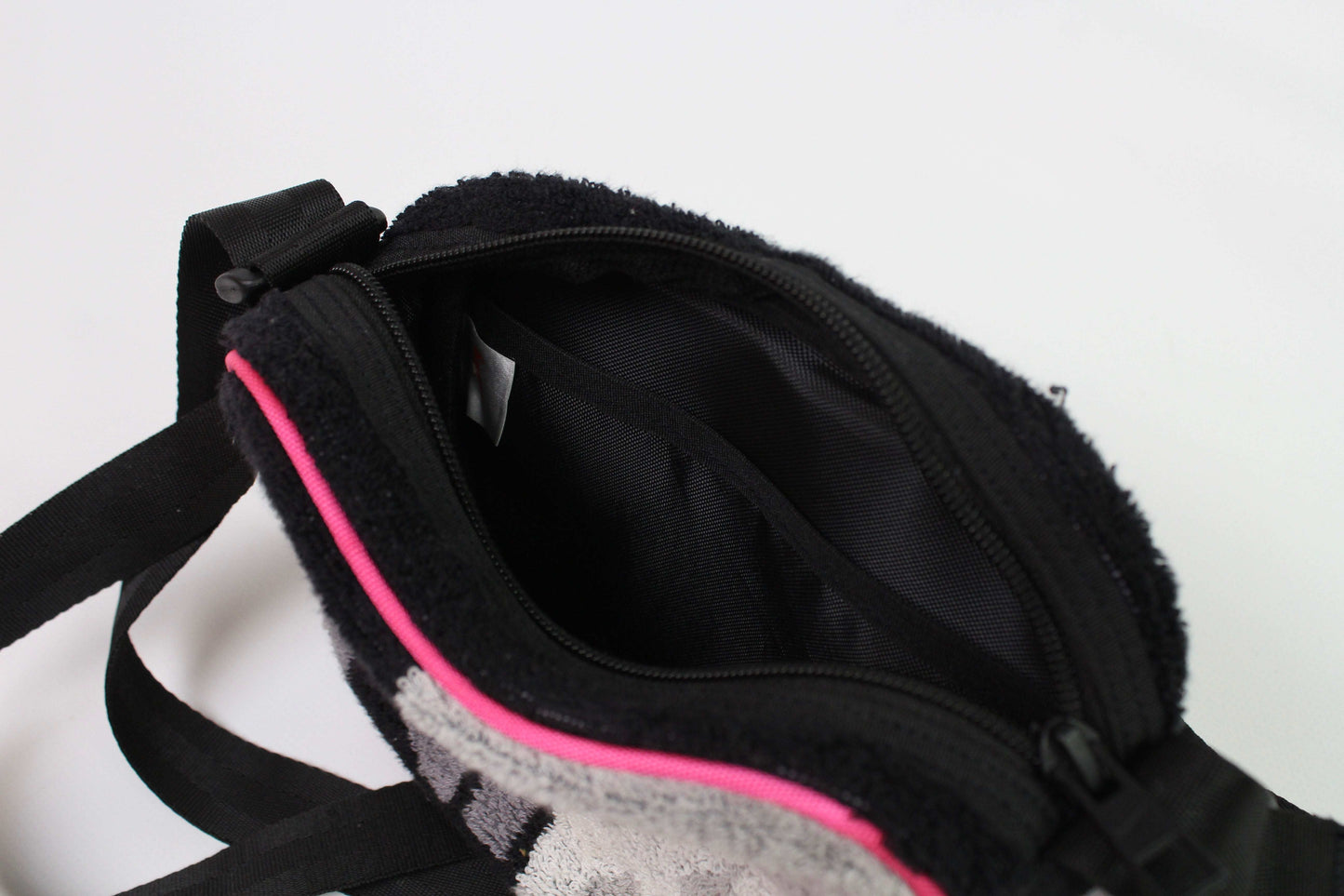 NIKE Custom Bag made from original towels, gray, black, and pink, size 18x15 cm, terry cloth material, zipper opening.