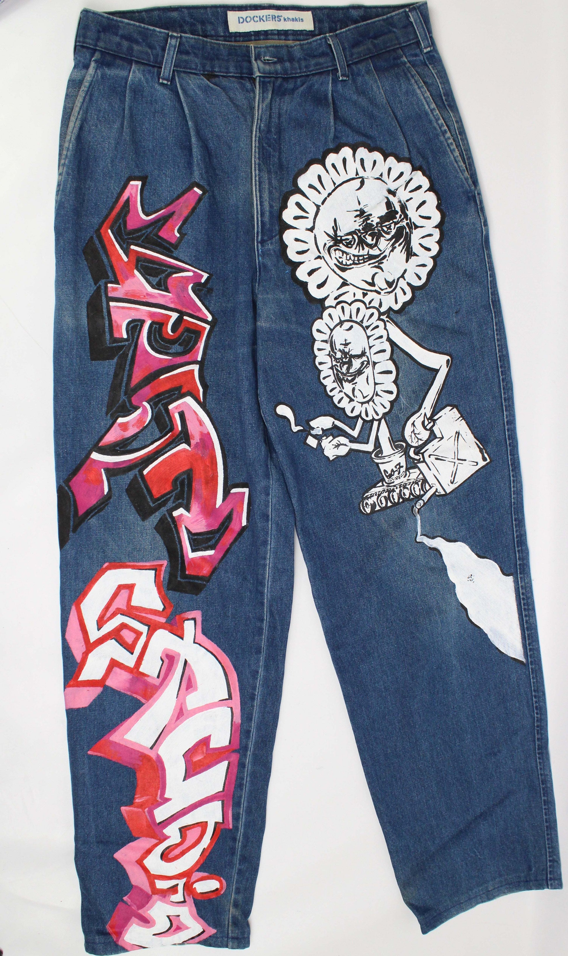 Custom painted blue and white jeans, size 32x34, straight fit, with unique artwork and slight wear, focus keyword: Custom Painted Jeans One of One.