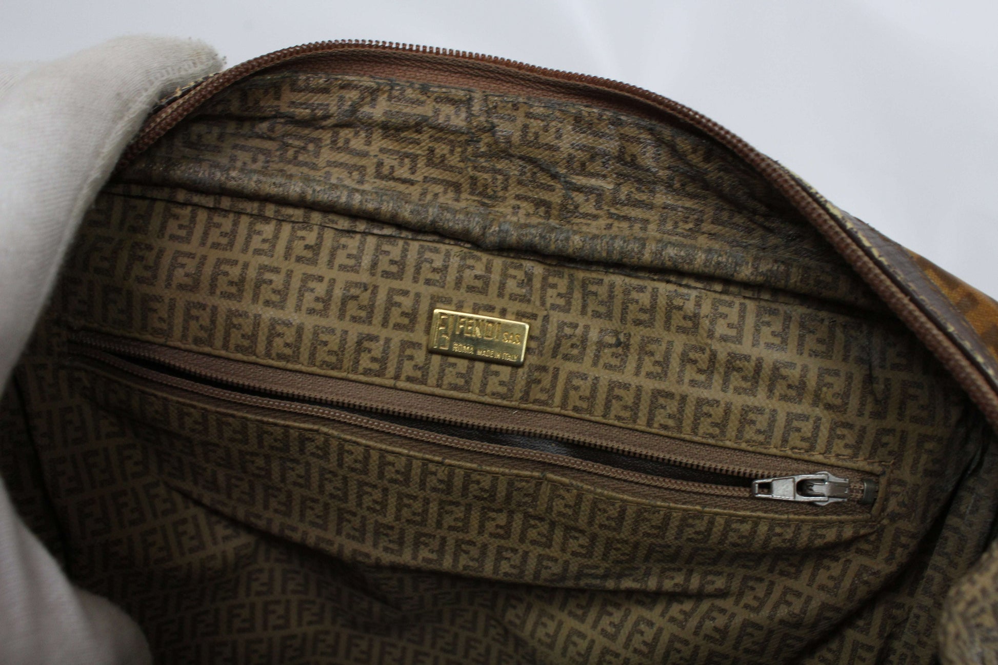 FENDI Bowlingbag Monogram with brown canvas and monogram interior design.