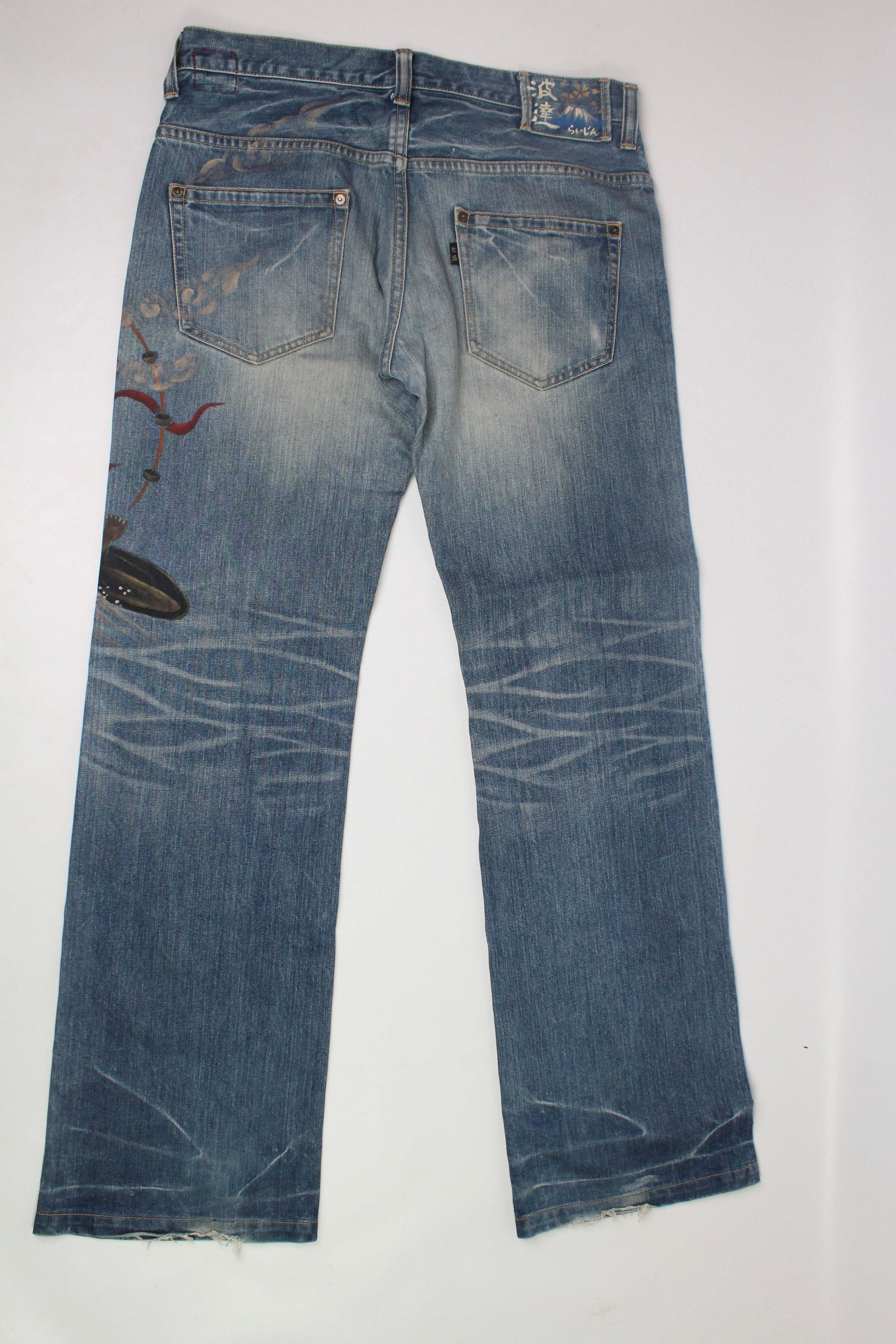 Japanese denim jeans handpainted in blue, size 36, 100% cotton, slight wear, condition 8/10.