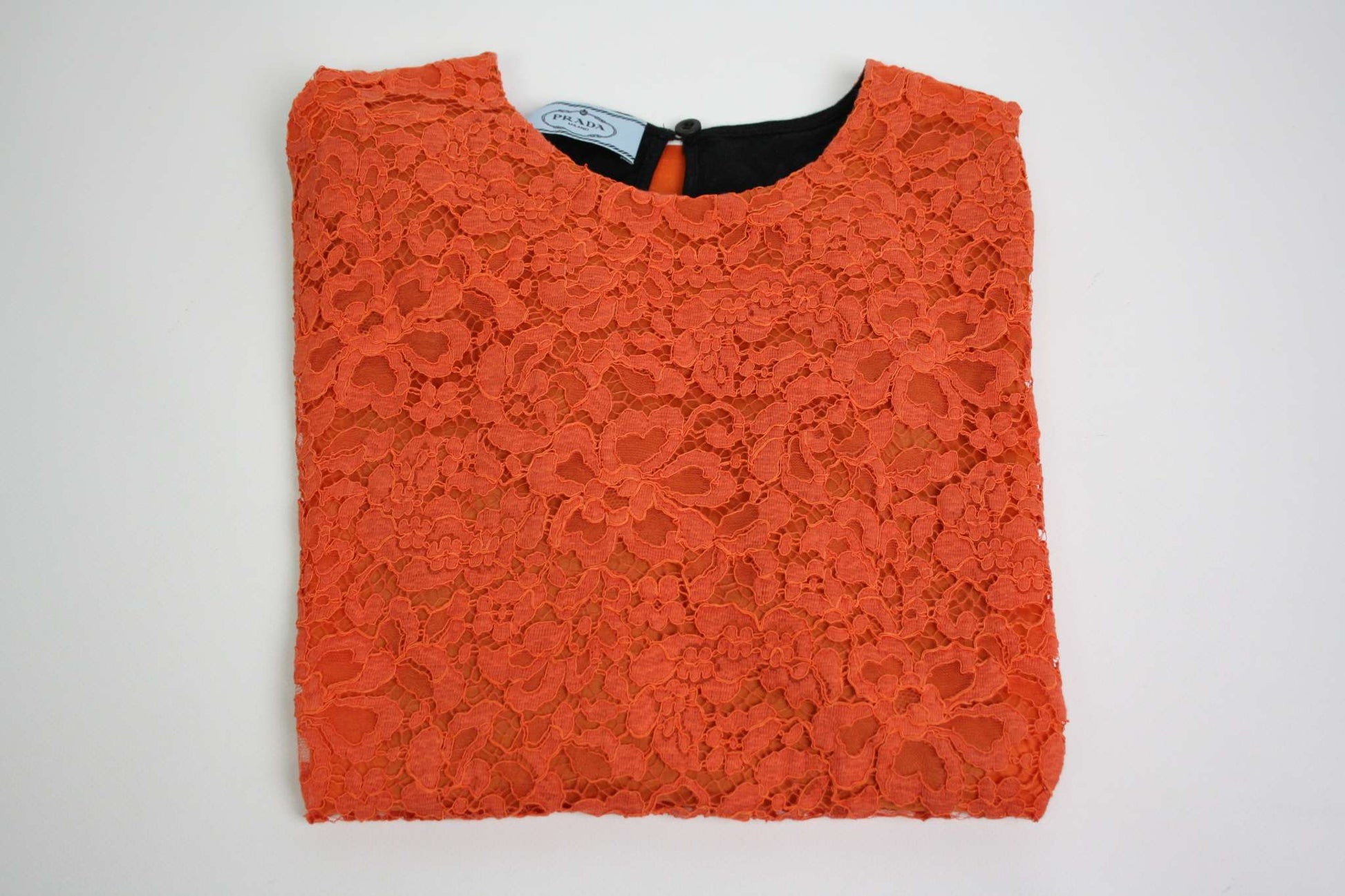 PRADA T-Shirt Flowers Orange, women's size L, floral lace design, orange and black.