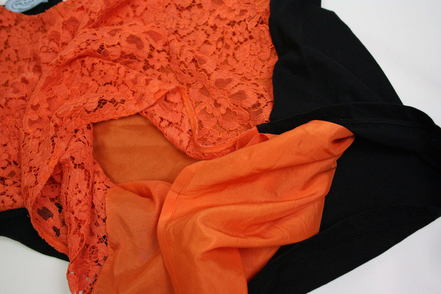 PRADA T-Shirt Flowers Orange with floral lace detail, black and orange color, size L for women.