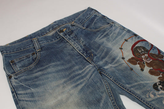 Handpainted Japanese denim jeans, blue, size 36, 8/10 condition.