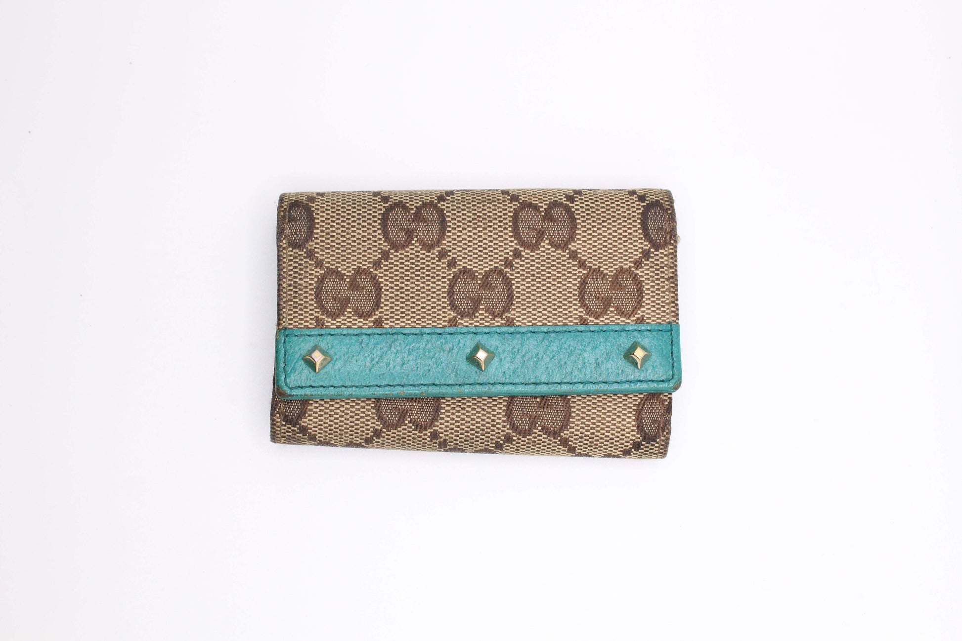 GUCCI Keyholder Monogram in brown and turquoise, canvas and leather, 5x8cm, condition 8/10.