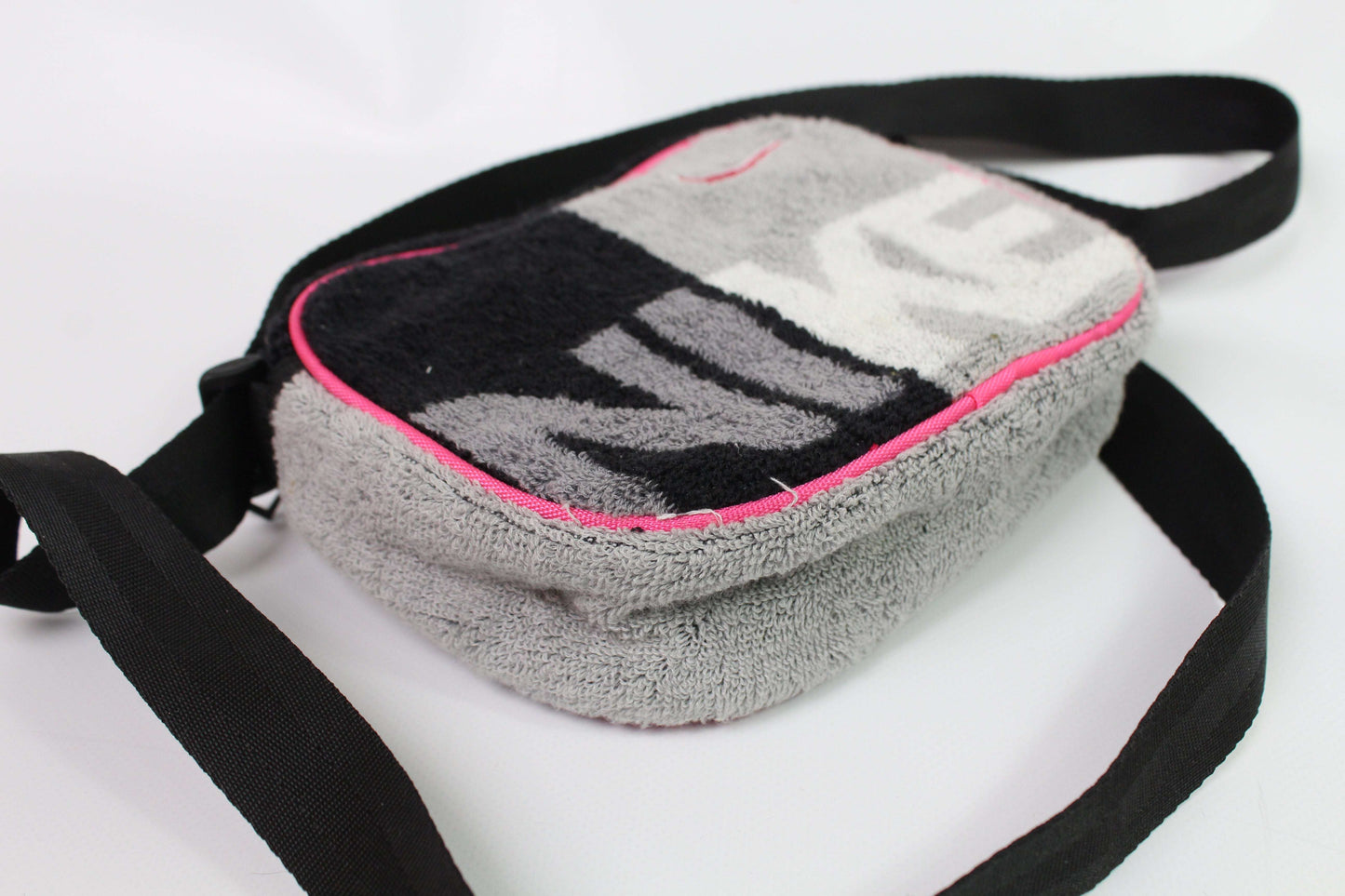 NIKE Custom Bag made from original towels, gray, black, and pink, size 18x15 cm.