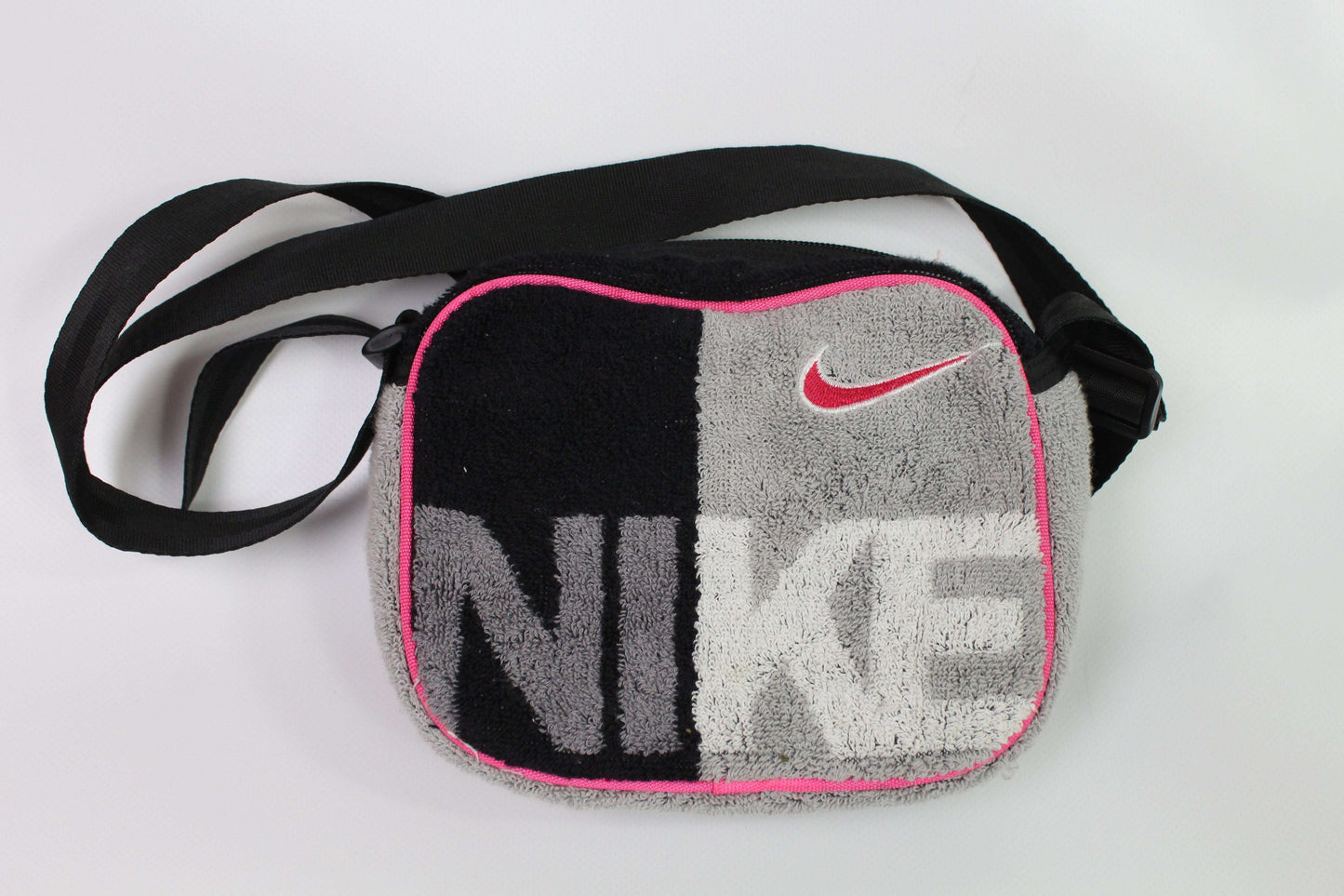 NIKE Custom Bag made from original towels, gray, black, and pink terry cloth, size 18x15 cm.